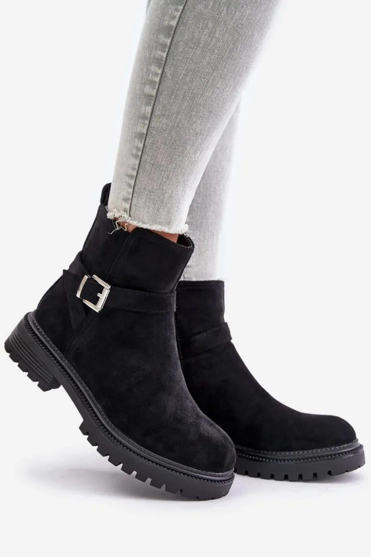 Clearance Boto Ocieplane Botki Eko Zamszowe Na Zamek Z Klamrą Czarne Zinovelle