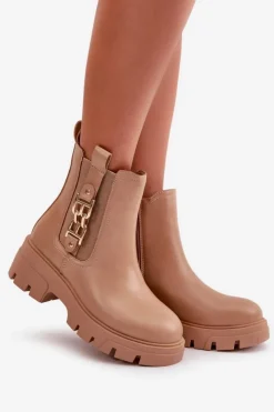 Damskie Boto Ocieplane Botki Damskie Eko Skórzane Ze Złotą Ozdobą Beżowe Erivianes