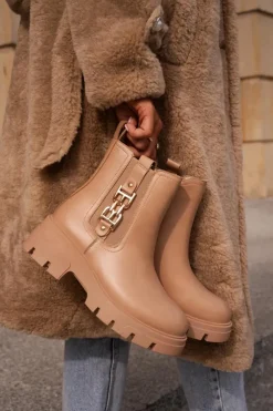 Damskie Boto Ocieplane Botki Damskie Eko Skórzane Ze Złotą Ozdobą Beżowe Erivianes