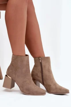 Hot Boto Ocieplane Botki Damskie Na Słupku Z Eko Zamszu Beżowe Brivelle