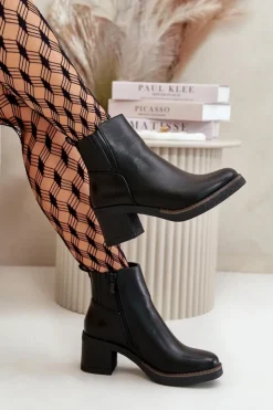 Best Boto Ocieplane Botki Damskie Na Słupku Eko Skórzane Czarne Irittes