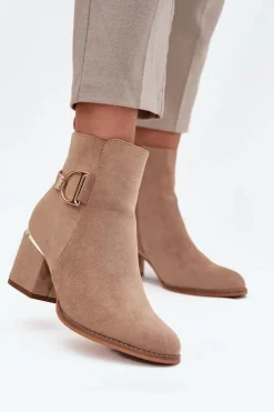 Damskie Boto Ocieplane Botki Damskie Na Słupku Ze Złotymi Elementami Beżowe Ambrine