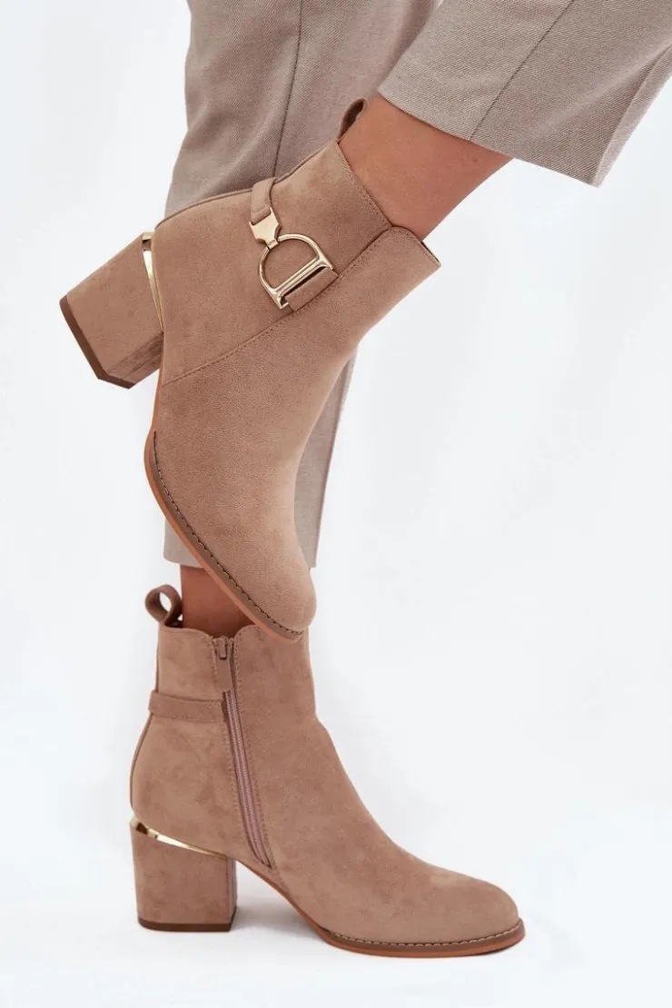 Damskie Boto Ocieplane Botki Damskie Na Słupku Ze Złotymi Elementami Beżowe Ambrine