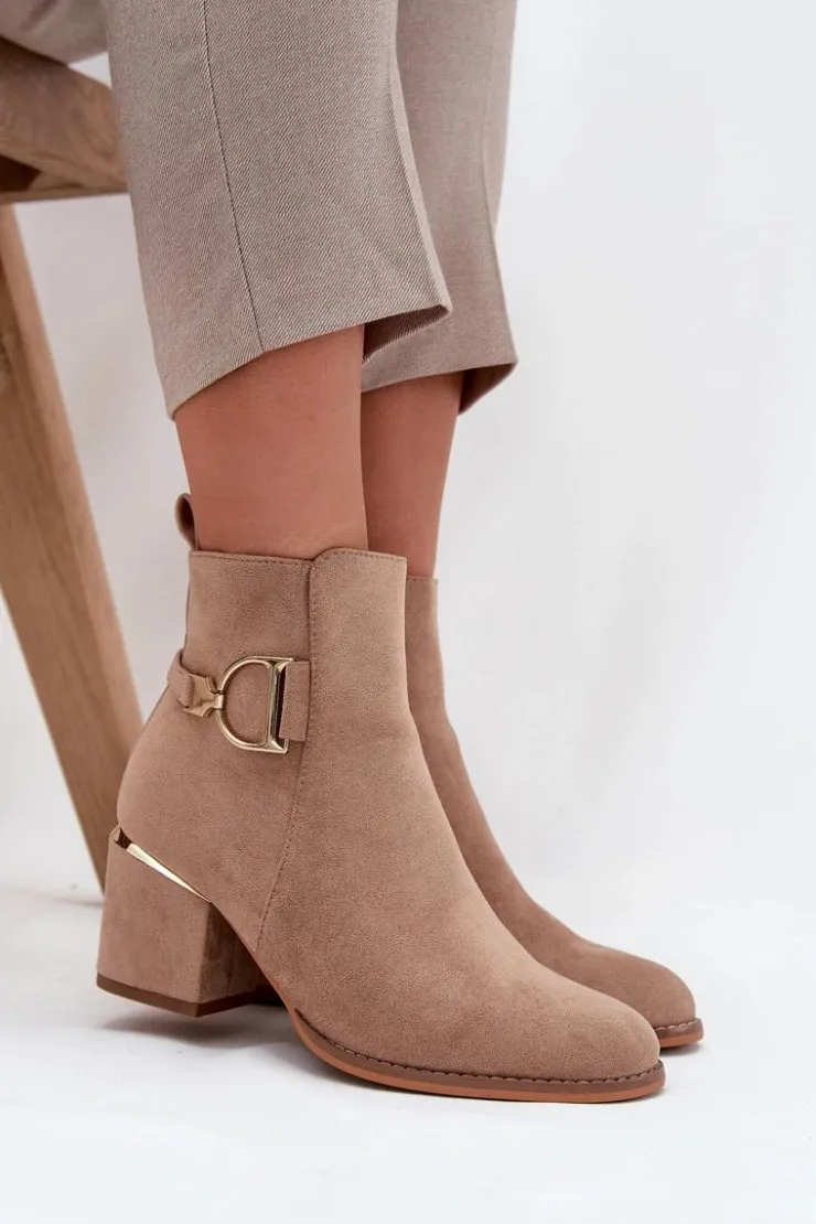 Damskie Boto Ocieplane Botki Damskie Na Słupku Ze Złotymi Elementami Beżowe Ambrine