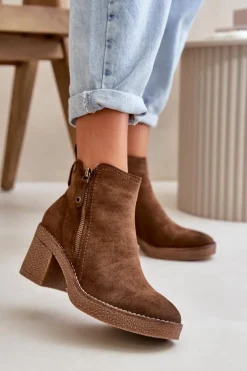 Damskie Boto Ocieplane Botki Damskie Na Słupku Z Eko Zamszu Ciemnobrązowe Velarilla