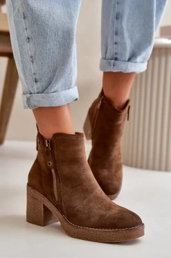 Damskie Boto Ocieplane Botki Damskie Na Słupku Z Eko Zamszu Ciemnobrązowe Velarilla