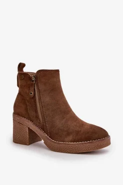 Damskie Boto Ocieplane Botki Damskie Na Słupku Z Eko Zamszu Ciemnobrązowe Velarilla