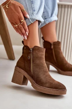 Damskie Boto Ocieplane Botki Damskie Na Słupku Z Eko Zamszu Ciemnobrązowe Velarilla