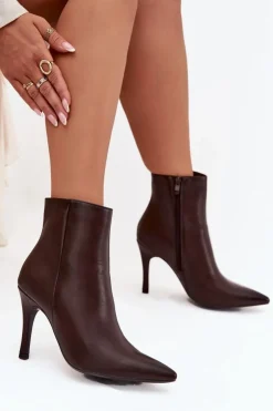 Boto Botki Ocieplane|Botki Na Obcasie*Ocieplane Botki Damskie Na Szpilce Eko Skórzane Czekoladowe Nolisse