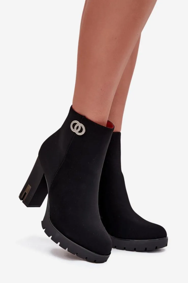 Boto Botki Ocieplane|Botki Na Słupku*Ocieplane Botki Damskie Na Słupku Z Ozdobnym Detalem Czarne Vessara