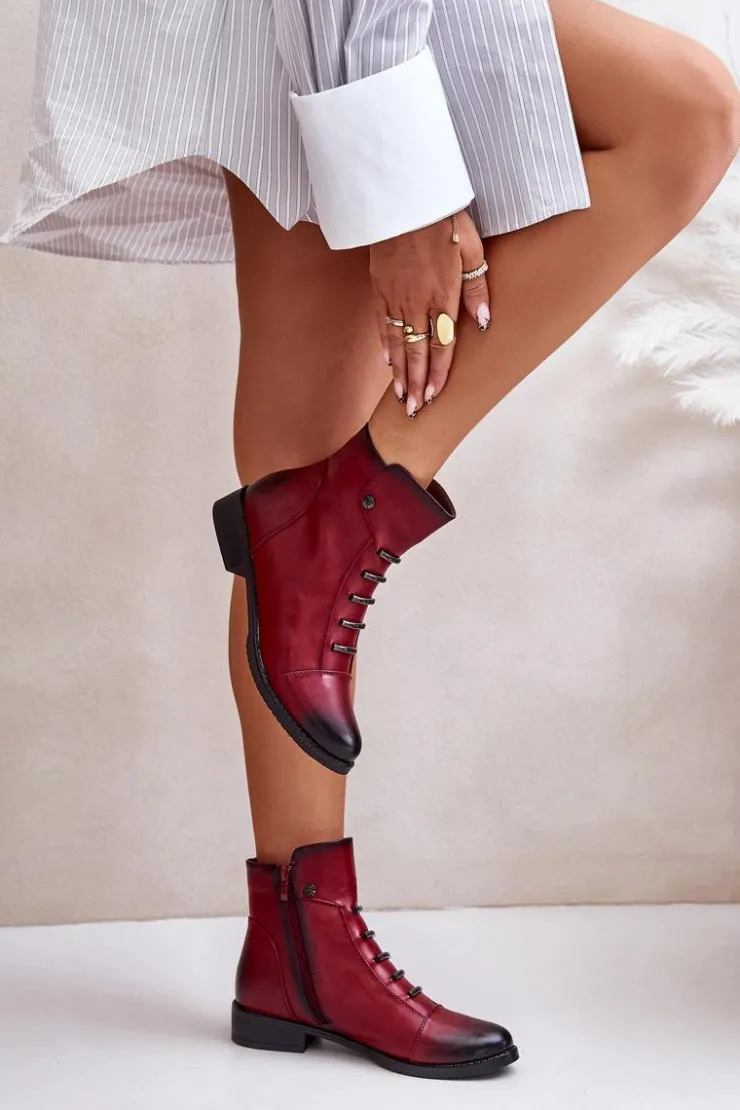 Damskie Boto Ocieplane Botki Damskie Na Płaskim Obcasie Bordowe Labise