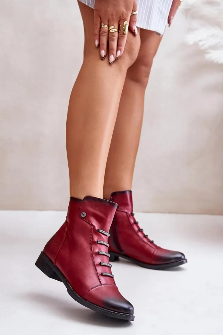 Damskie Boto Ocieplane Botki Damskie Na Płaskim Obcasie Bordowe Labise