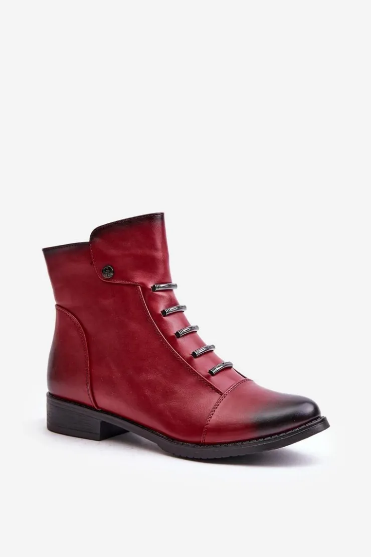 Damskie Boto Ocieplane Botki Damskie Na Płaskim Obcasie Bordowe Labise