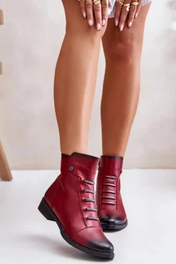 Damskie Boto Ocieplane Botki Damskie Na Płaskim Obcasie Bordowe Labise