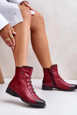 Damskie Boto Ocieplane Botki Damskie Na Płaskim Obcasie Bordowe Labise