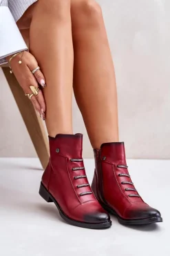 Damskie Boto Ocieplane Botki Damskie Na Płaskim Obcasie Bordowe Labise