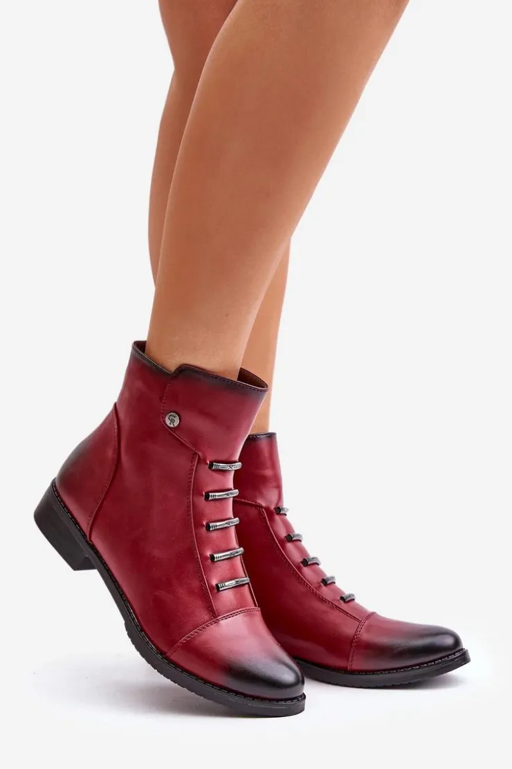 Damskie Boto Ocieplane Botki Damskie Na Płaskim Obcasie Bordowe Labise