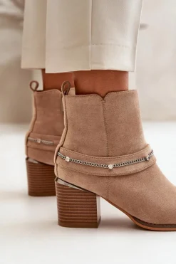 Hot Boto Ocieplane Botki Damskie Na Słupku Z Łańcuszkiem Eko Zamszowe Beżowe Hanalen