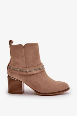 Hot Boto Ocieplane Botki Damskie Na Słupku Z Łańcuszkiem Eko Zamszowe Beżowe Hanalen