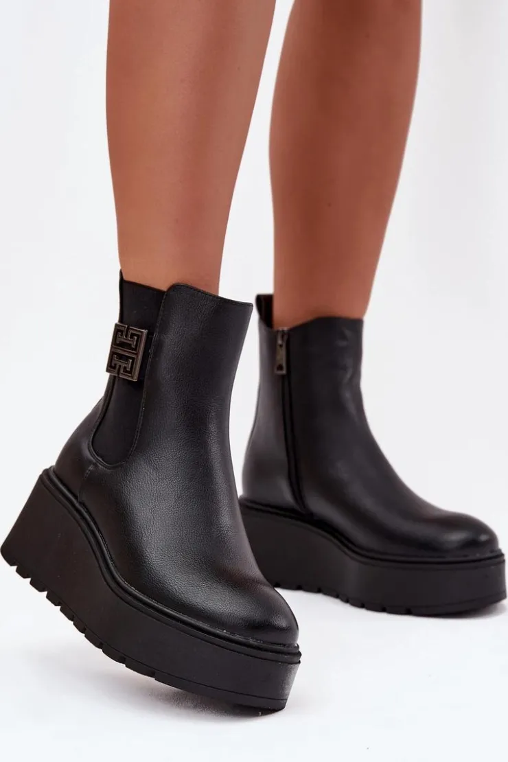 Damskie Buty damskie Vinceza Ocieplane Botki Damskie Na Koturnie Z Ozdobnym Detalem Vinceza 58551 Czarne