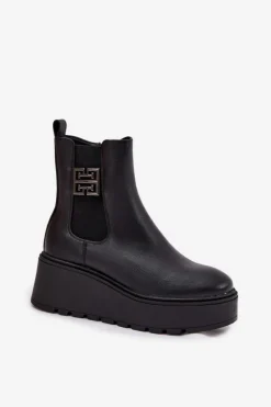 Damskie Buty damskie Vinceza Ocieplane Botki Damskie Na Koturnie Z Ozdobnym Detalem Vinceza 58551 Czarne