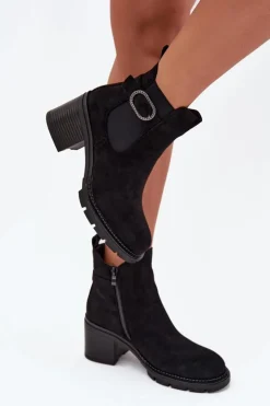 Damskie Boto Ocieplane Botki Damskie Na Słupku Z Ozdobną Klamrą Czarne Melara