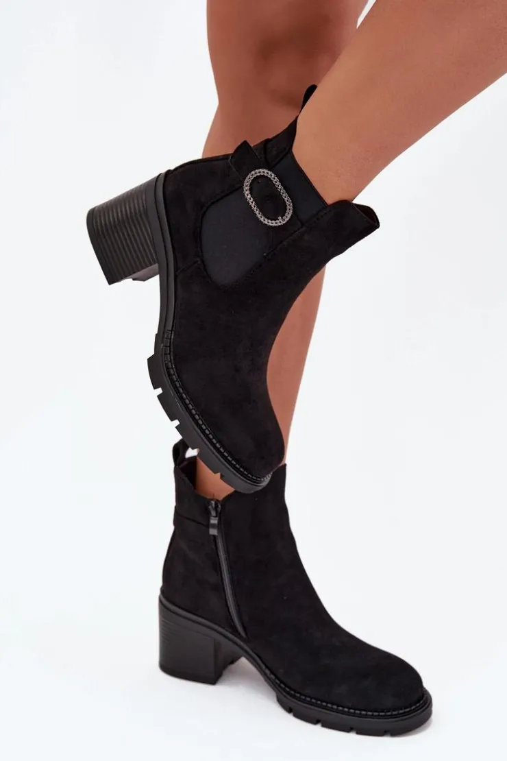 Damskie Boto Ocieplane Botki Damskie Na Słupku Z Ozdobną Klamrą Czarne Melara