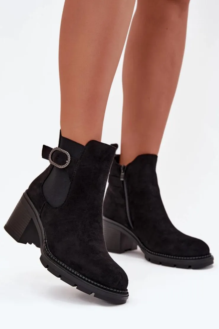 Damskie Boto Ocieplane Botki Damskie Na Słupku Z Ozdobną Klamrą Czarne Melara