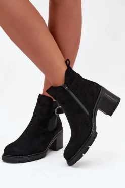 Damskie Boto Ocieplane Botki Damskie Na Słupku Z Ozdobną Klamrą Czarne Melara