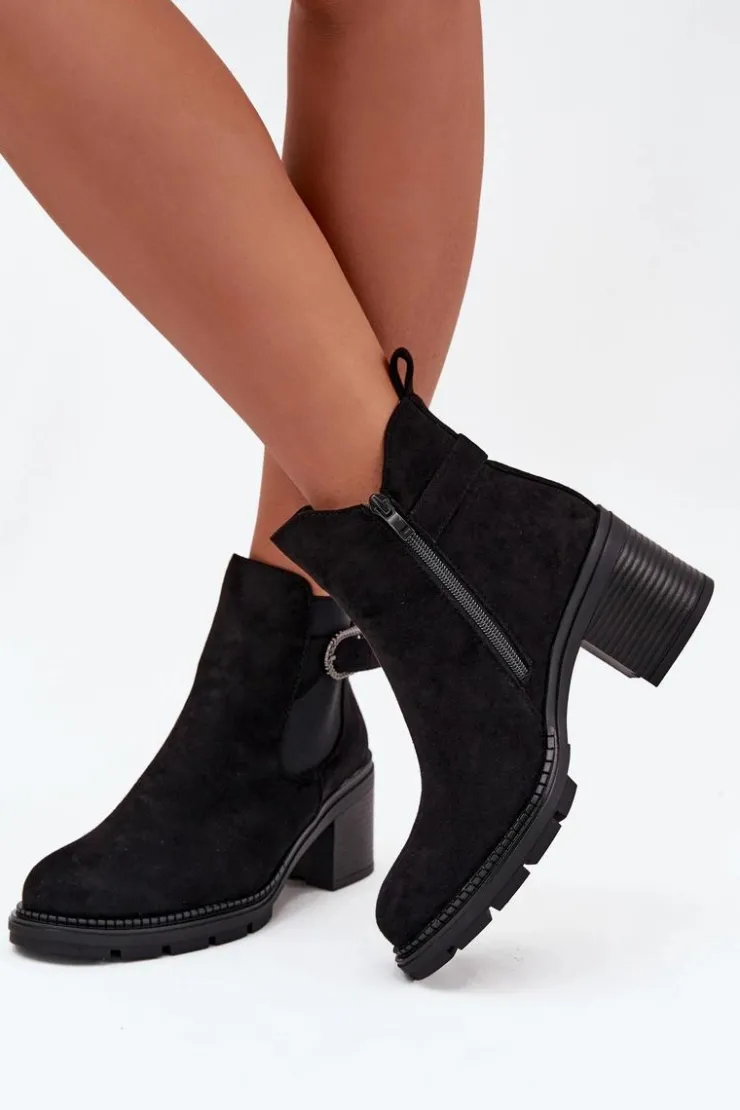 Damskie Boto Ocieplane Botki Damskie Na Słupku Z Ozdobną Klamrą Czarne Melara
