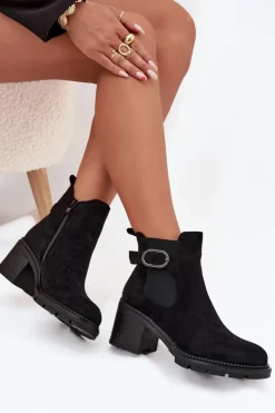 Damskie Boto Ocieplane Botki Damskie Na Słupku Z Ozdobną Klamrą Czarne Melara