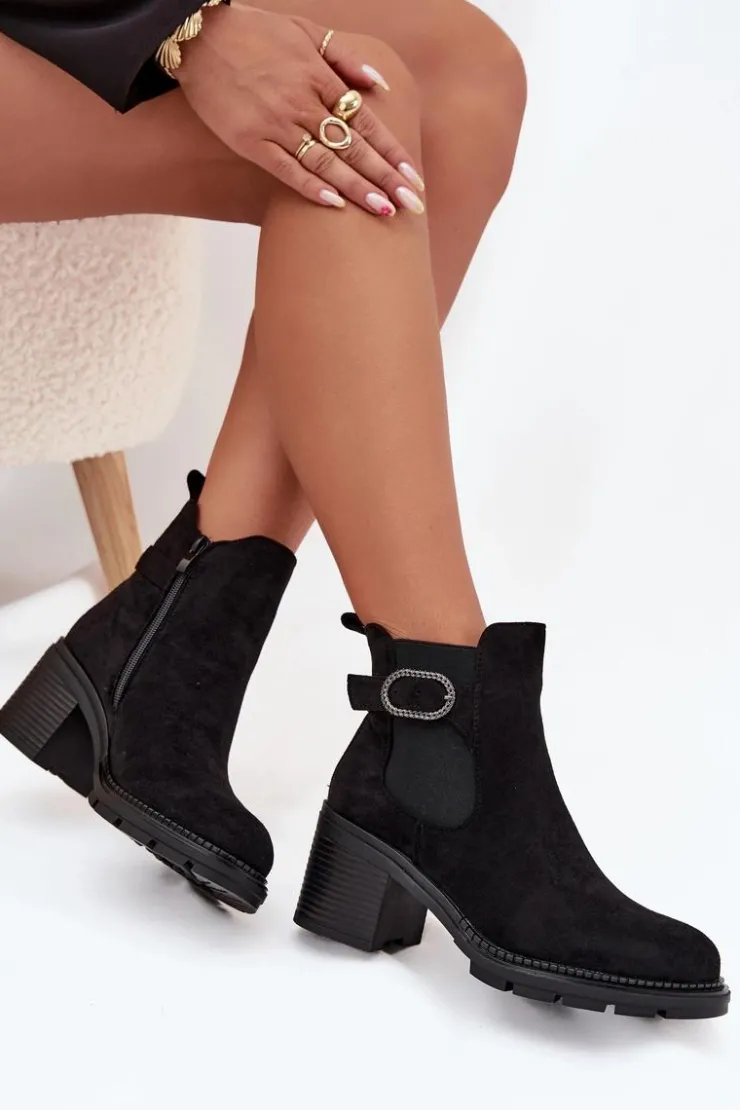 Damskie Boto Ocieplane Botki Damskie Na Słupku Z Ozdobną Klamrą Czarne Melara