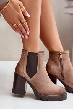 Clearance Buty damskie Vinceza Ocieplane Botki Damskie Na Słupku Z Eko Zamszu Vinceza 58356 Beżowe Beżowy