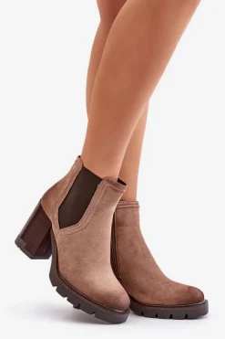 Clearance Buty damskie Vinceza Ocieplane Botki Damskie Na Słupku Z Eko Zamszu Vinceza 58356 Beżowe Beżowy