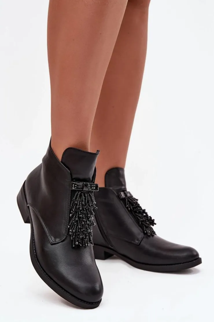 Hot Damskie buty S.Barski Ocieplane Botki Damskie Na Płaskim Obcasie S.Barski HY42-713 Czarne