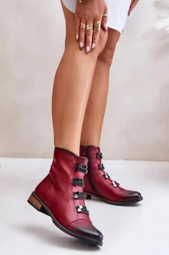 Outlet Boto Ocieplane Botki Damskie Na Zamek Bordowe Evalith
