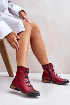 Outlet Boto Ocieplane Botki Damskie Na Zamek Bordowe Evalith