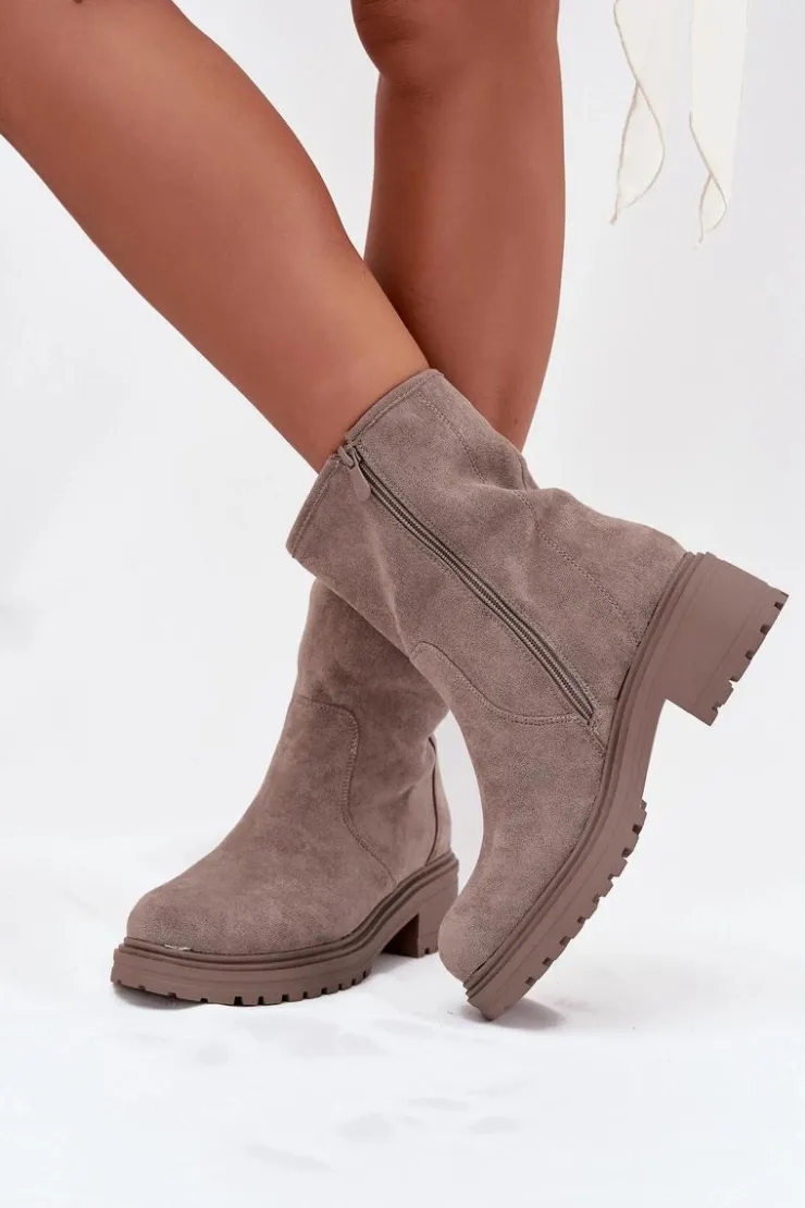 Clearance Boto Ocieplane Botki Damskie Na Niskim Obcasie Szare Mirellea