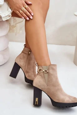 Boto Botki Na Obcasie|Botki Zamszowe*Ocieplane Botki Damskie Na Wysokim Obcasie Słupku Beżowe Terisanna