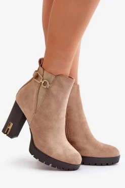 Boto Botki Na Obcasie|Botki Zamszowe*Ocieplane Botki Damskie Na Wysokim Obcasie Słupku Beżowe Terisanna