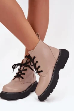 Damskie Boto Ocieplane Botki Damskie Na Platformie Sznurowane Ciemnobeżowe Harmine