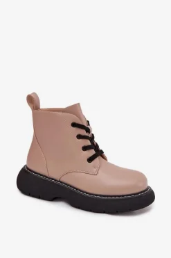 Damskie Boto Ocieplane Botki Damskie Na Platformie Sznurowane Ciemnobeżowe Harmine