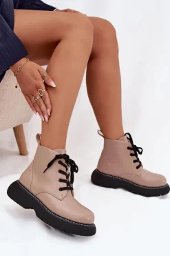 Damskie Boto Ocieplane Botki Damskie Na Platformie Sznurowane Ciemnobeżowe Harmine