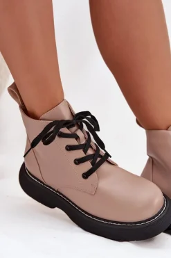 Damskie Boto Ocieplane Botki Damskie Na Platformie Sznurowane Ciemnobeżowe Harmine