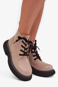 Damskie Boto Ocieplane Botki Damskie Na Platformie Sznurowane Ciemnobeżowe Harmine