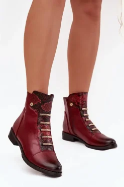 Damskie Boto Ocieplane Botki Damskie Na Płaskim Obcasie Zwierzęcy Wzór Bordowe Labise