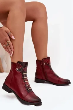 Damskie Boto Ocieplane Botki Damskie Na Płaskim Obcasie Zwierzęcy Wzór Bordowe Labise