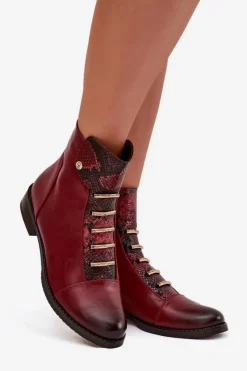 Damskie Boto Ocieplane Botki Damskie Na Płaskim Obcasie Zwierzęcy Wzór Bordowe Labise