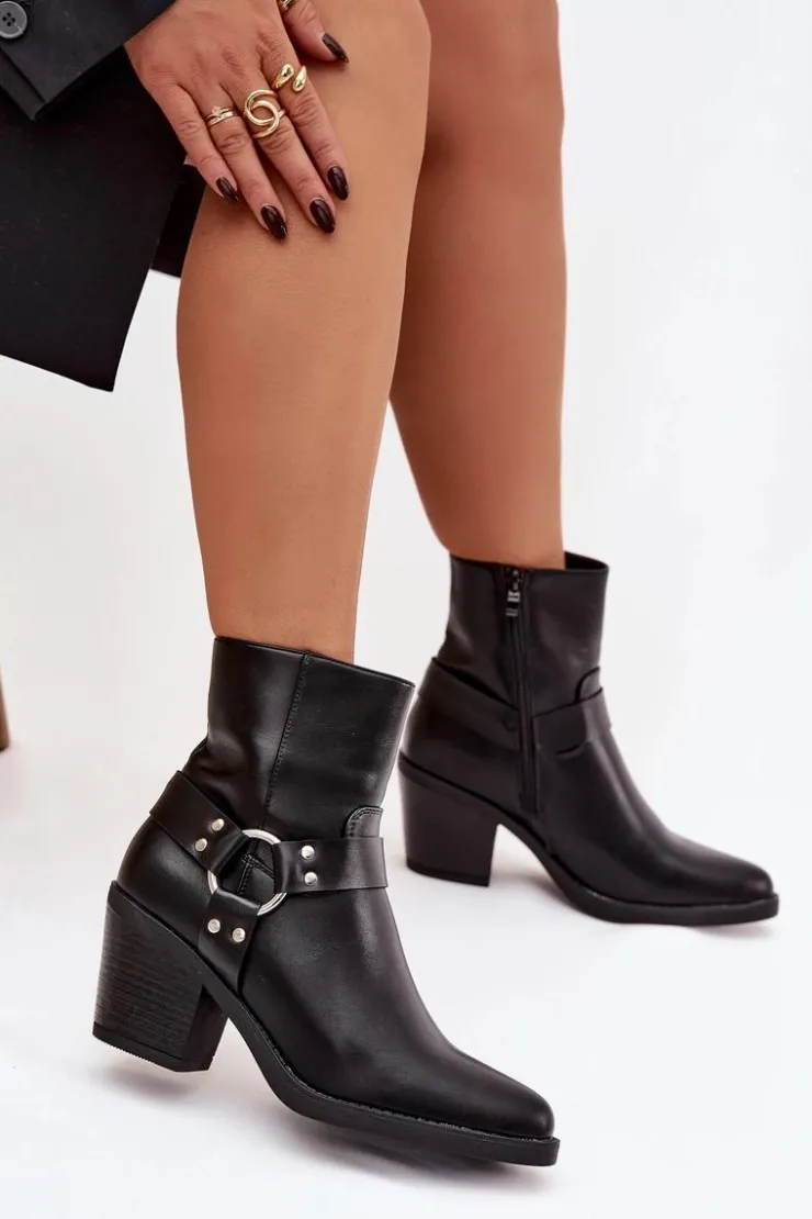 Boto Botki Ocieplane|Botki Skórzane*Ocieplane Botki Damskie Na Słupku Z Ozdobnym Elementem Czarne Jurelle Czarny