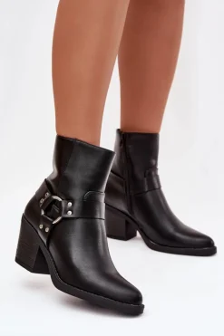 Boto Botki Ocieplane|Botki Skórzane*Ocieplane Botki Damskie Na Słupku Z Ozdobnym Elementem Czarne Jurelle Czarny